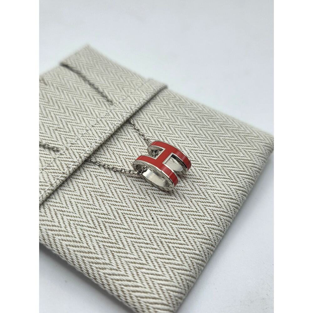Hermes Red Enamel and Palladium Plated Pop H Pendant Necklace - Picture 12 of 14